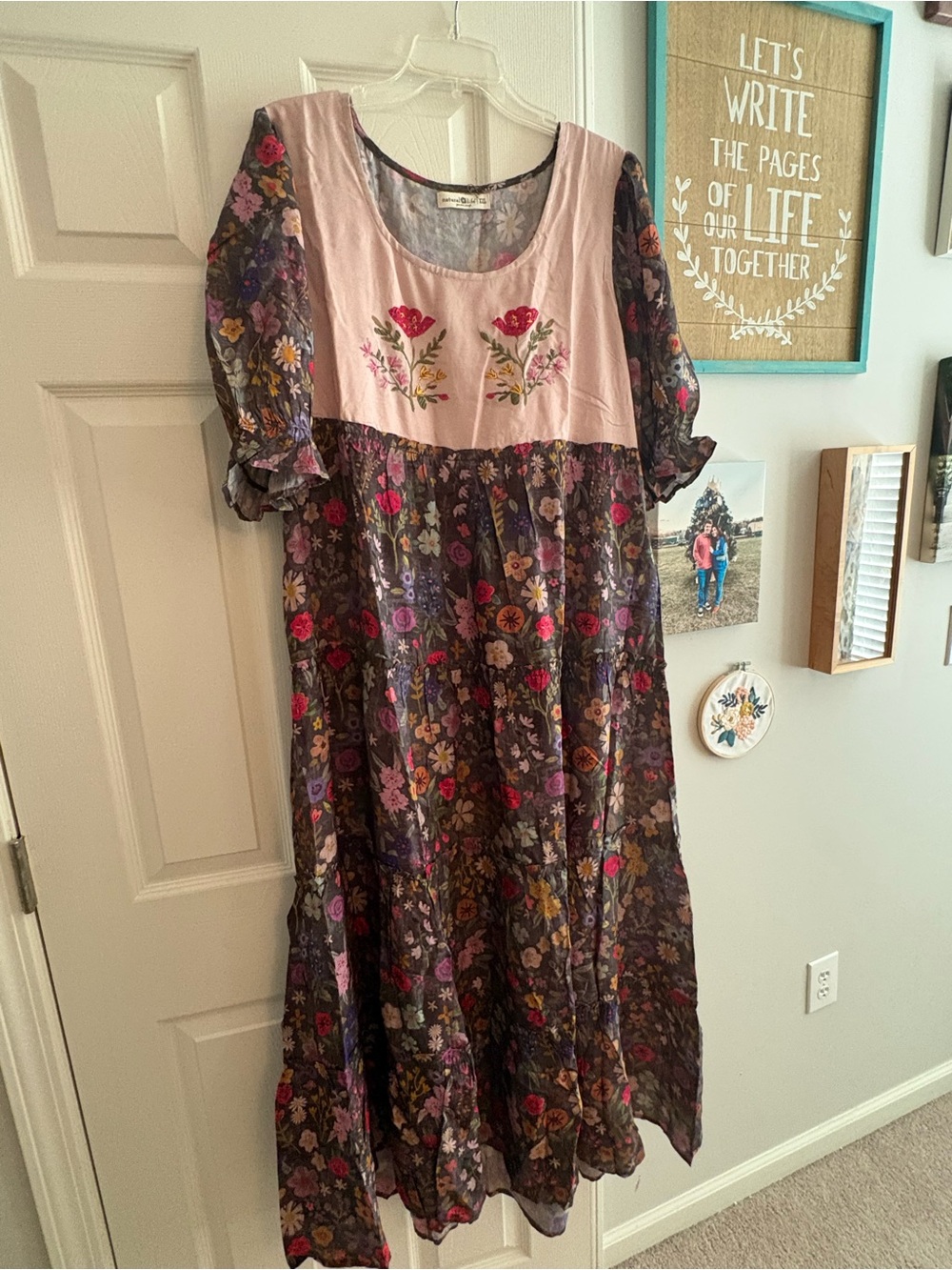 Natural Life 🌸 Floral Embroidered Puff-Sleeve Maxi Dress - Pink & Floral